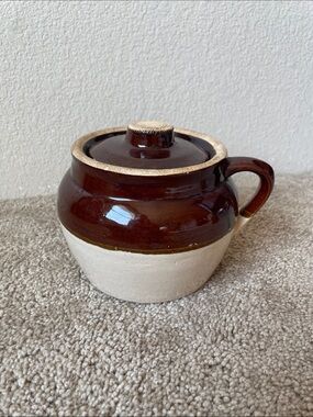 Vintage Stoneware Bean Pot With Lid Covered Casserole Brown and Cream Ceramic